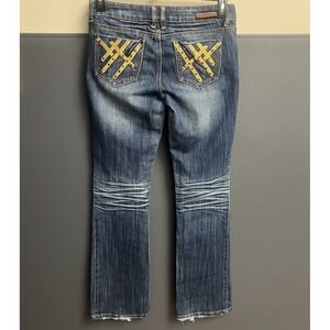 Almost‎ Famous Distressed Bootcut Jean's Women's Size 7 With Brown Stitches